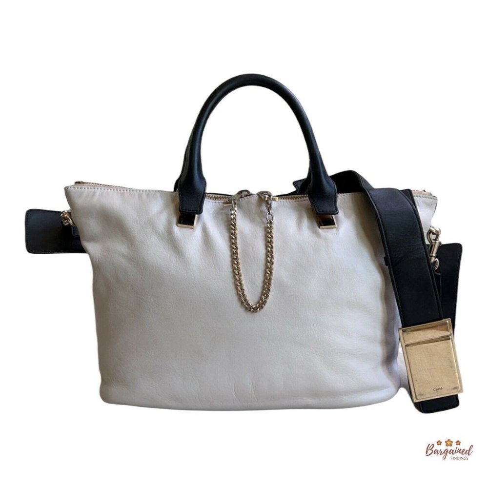 Authentic CHLOE Black/Natural Leather Two-Tone Medium Baylee Tote Bag